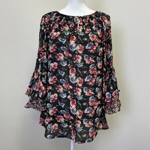Chaps Floral Tunic Top 1X Flowy Ruffle Bell Sleeves Black Pink Feminine Fairy